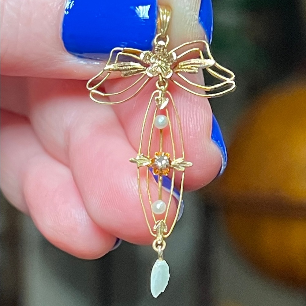 Antique Victorian Diamond Pearl 14k Solid Yellow Gold Lavalier Pendant